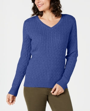 Karen Scott Women's Cotton Cable Knit Sweater Havana Blue Size Petite Small
