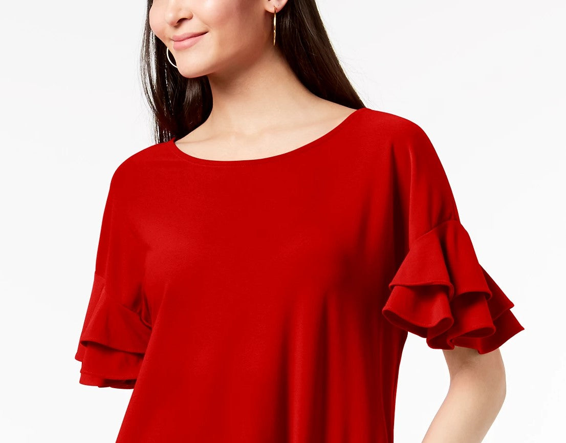 INC International Concepts Women's Petite Ruffled-Sleeve Top Dark Red Size Medium