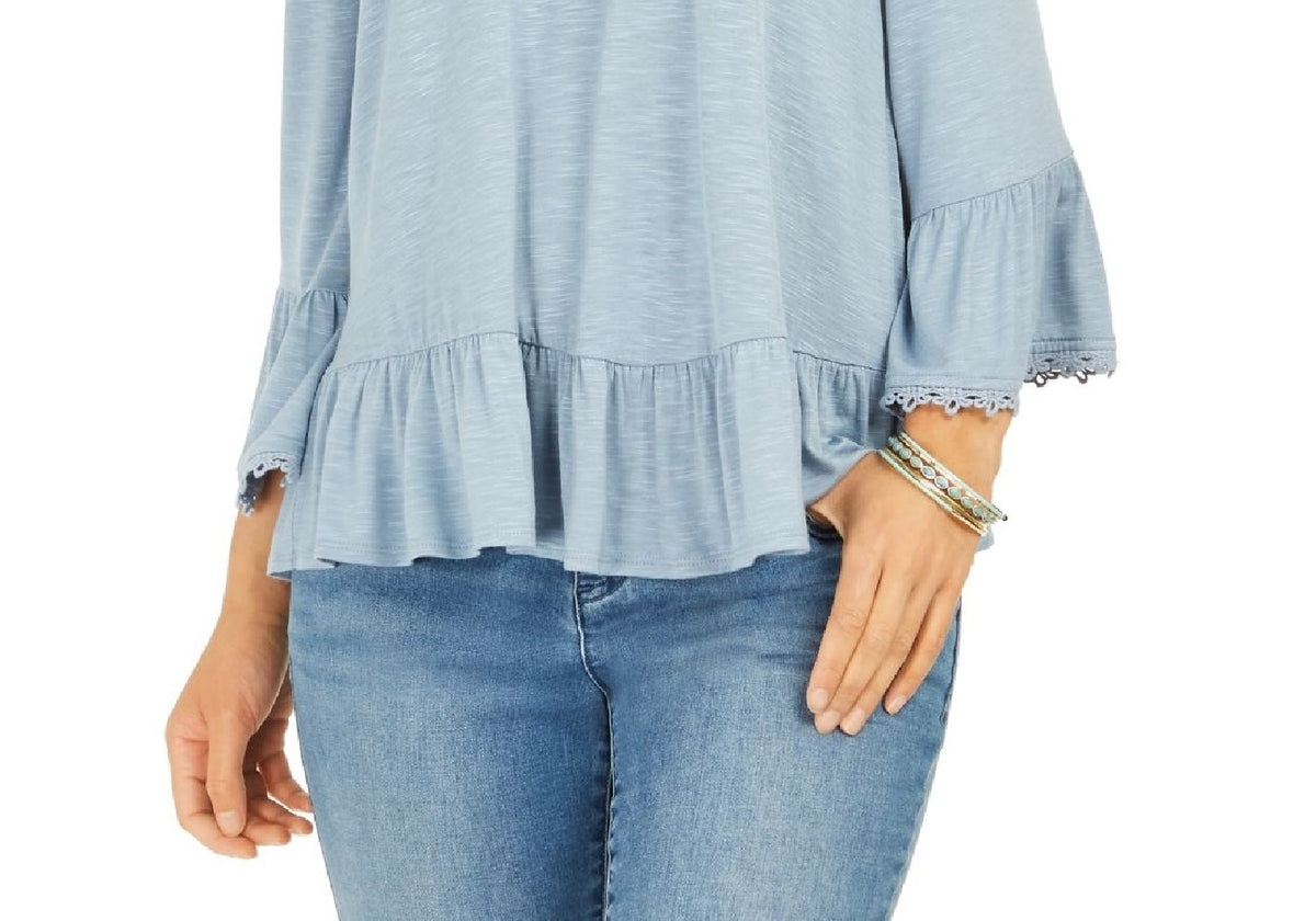 Style & Co Women's Off-The-Shoulder Bell-Sleeve Top  Blue Size Medium