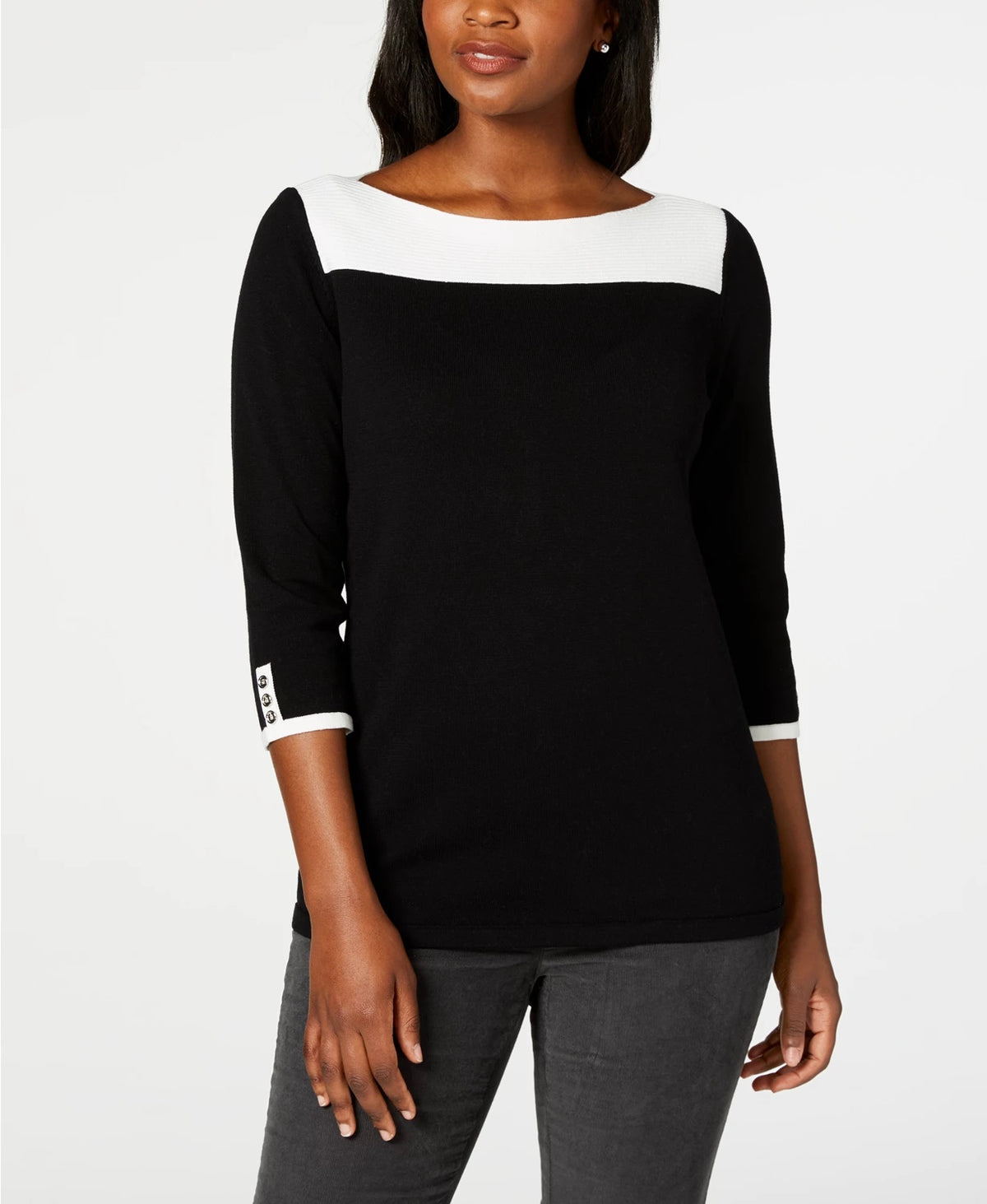 Karen Scott Women's Cotton Button Trim Sweater Black Size Petite Small