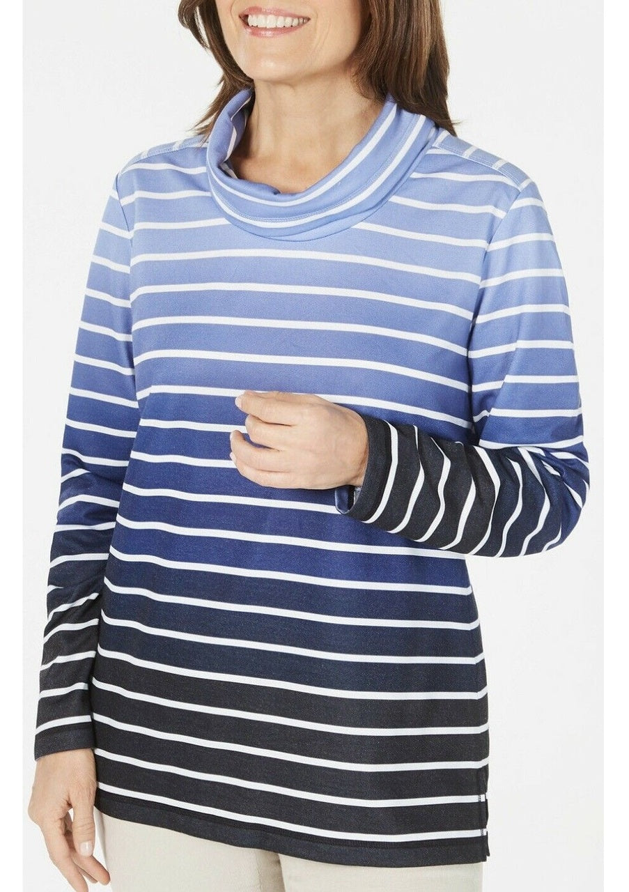 Karen Scott Women's Sport Ombre Striped Cowlneck Top Navy Size Medium