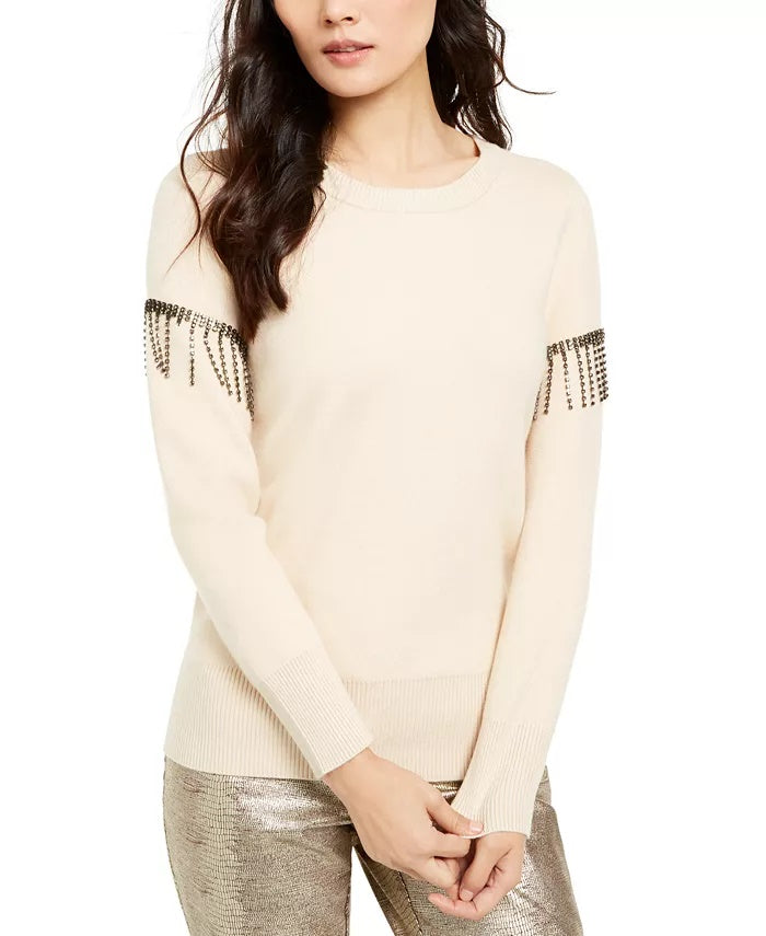 Alfani Women's Embellished Fringe Sweater Beige Size Medium