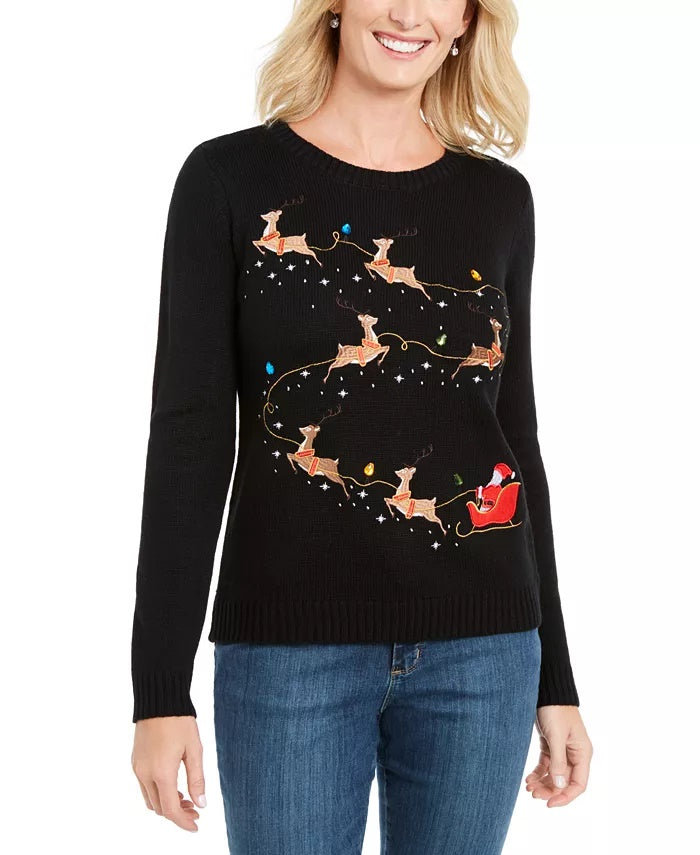 Karen Scott Women's Embroidered Reindeer Sweater Black Size Extra Large