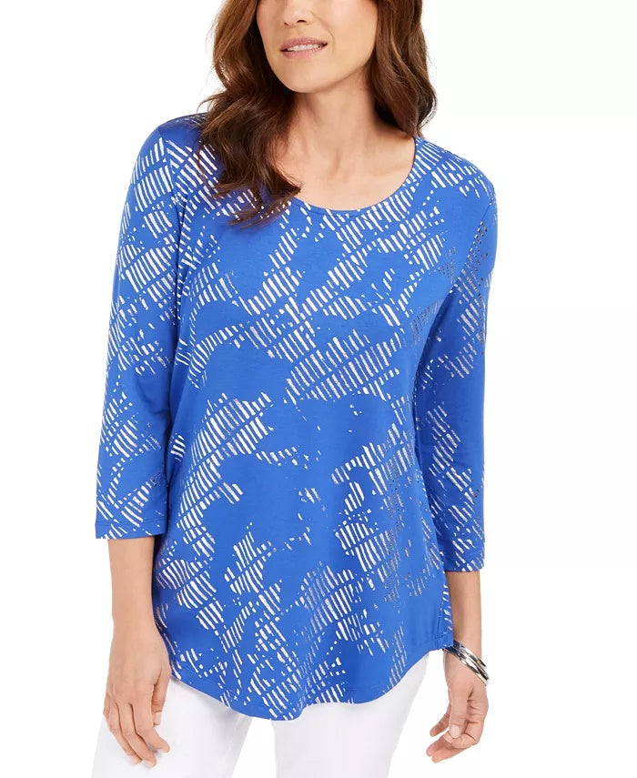 JM Collection Women's 3/4 Sleeve Printed Top Blue Size X-Small