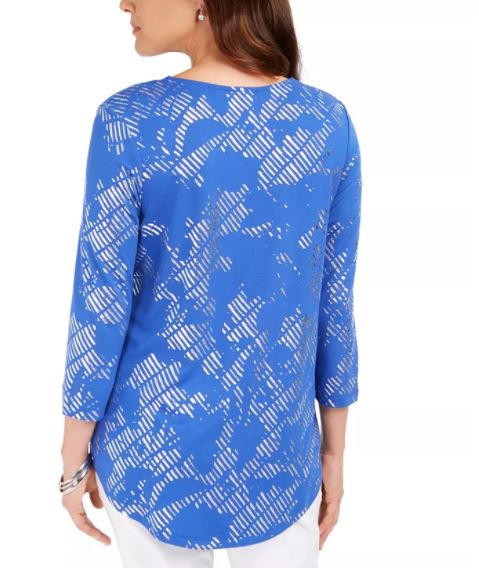 JM Collection Women's 3/4 Sleeve Printed Top Blue Size X-Small