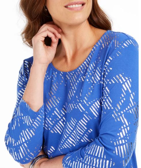 JM Collection Women's 3/4 Sleeve Printed Top Blue Size X-Small