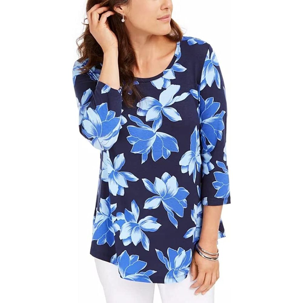 JM Collection Women's 3/4-Sleeve Floral-Print T-Shirt Blue Size Medium