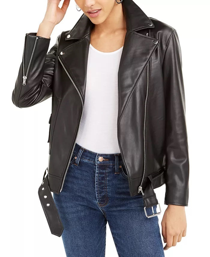 Bar III Women's Faux Leather Moto Jacket Black Size Large