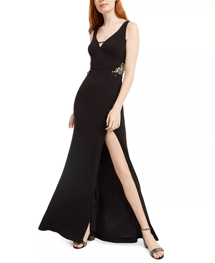 City Studios Juniors' Embellished-Applique Slit Gown Black Size 13