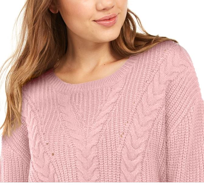 Crave Fame Women's Lace Up Back Cable Sweater Pink Size X-Large