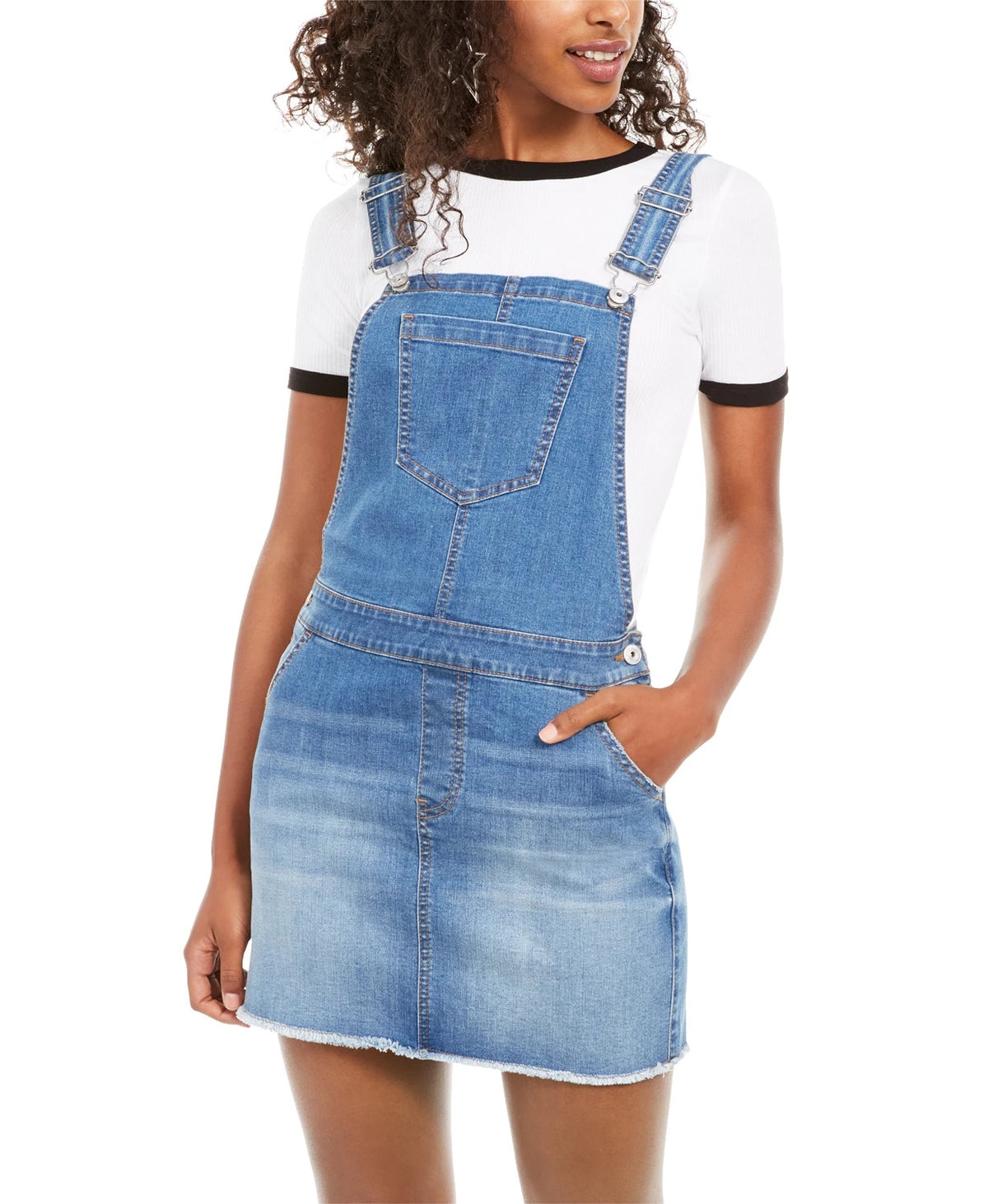Vanilla Star Junior's Frayed Hem Overalls Dress Medium Blue Size 11
