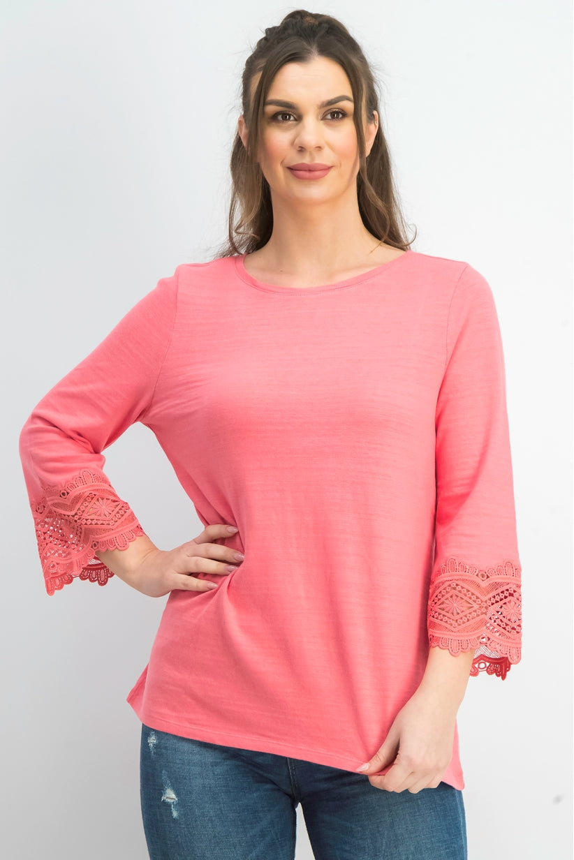 Charter Club Women's Cotton Lace-Trim Top Dark Pink Size XX Large
