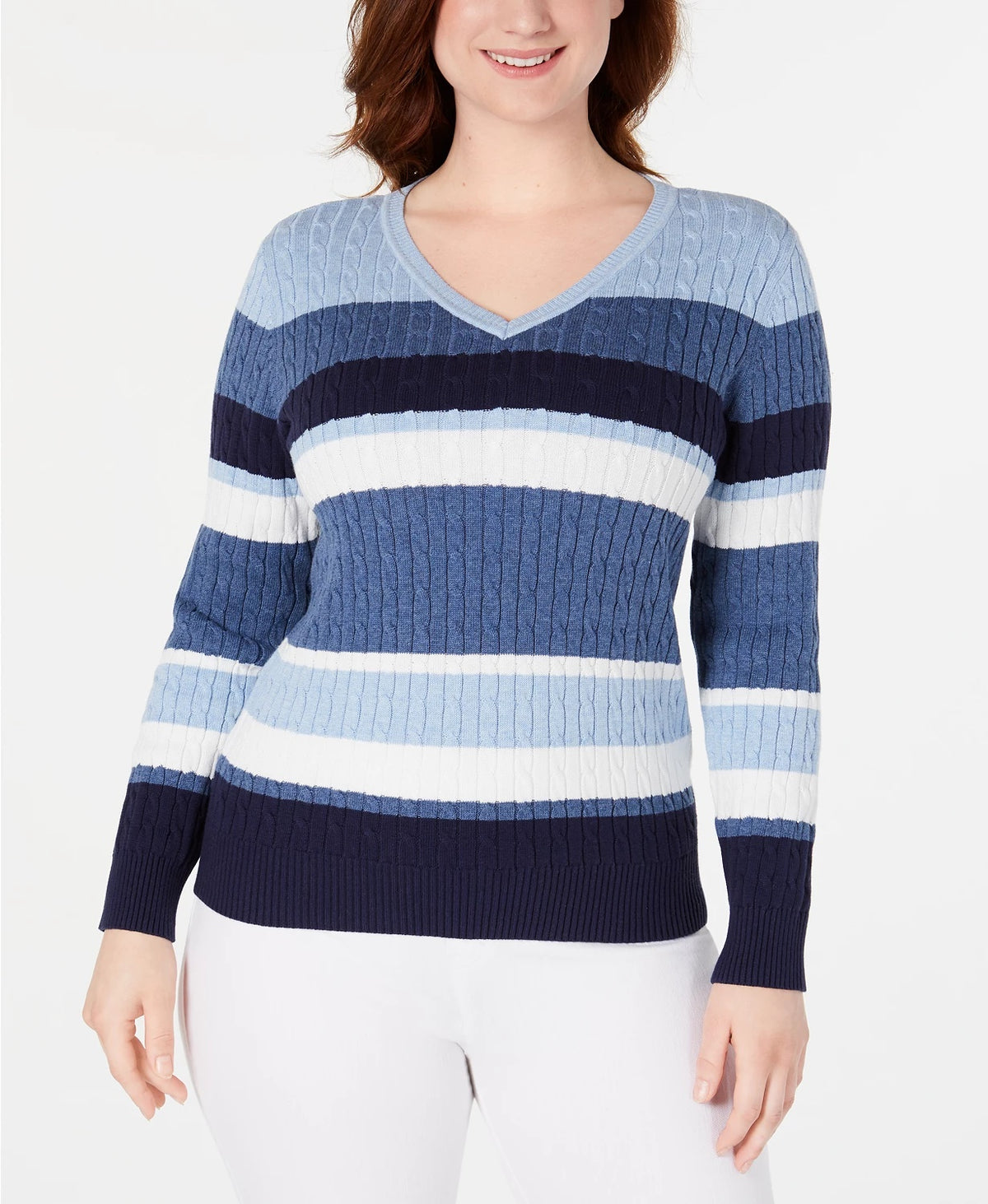 Karen Scott Women's Cotton Striped Cable Knit Sweater Blue Size Petite Medium