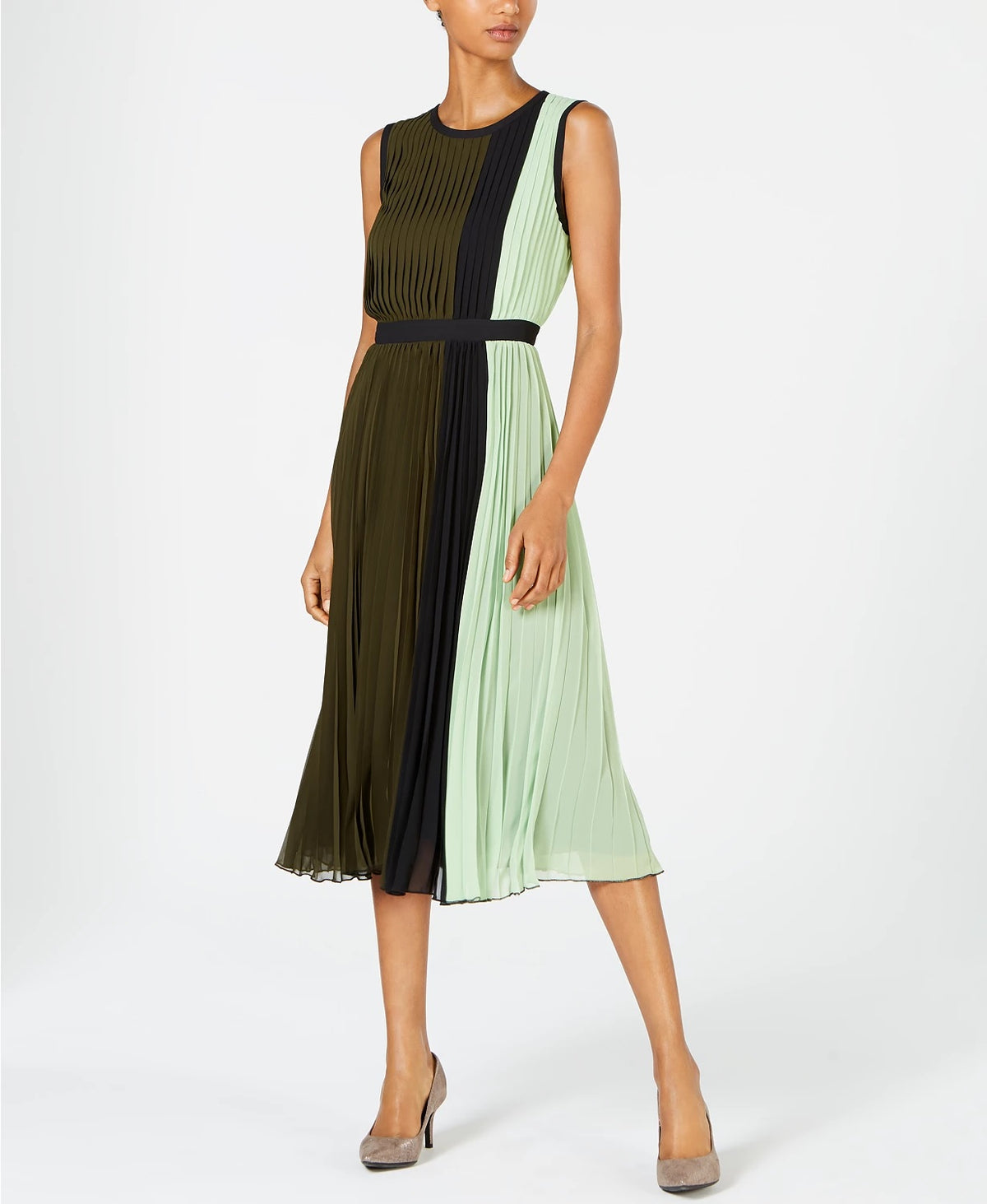 Alfani Women's Colorblocked Pleated Sleeveless Dress Dark Green Size 4