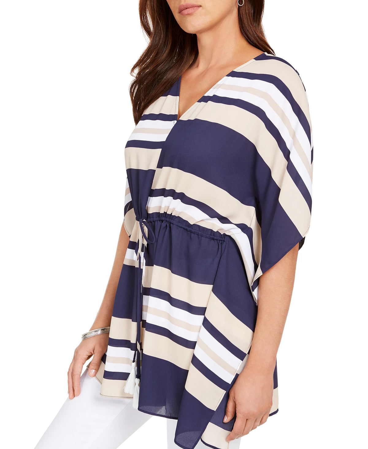 Charter Club Women's Tie-Waist Striped Poncho Top Blue Size Medium