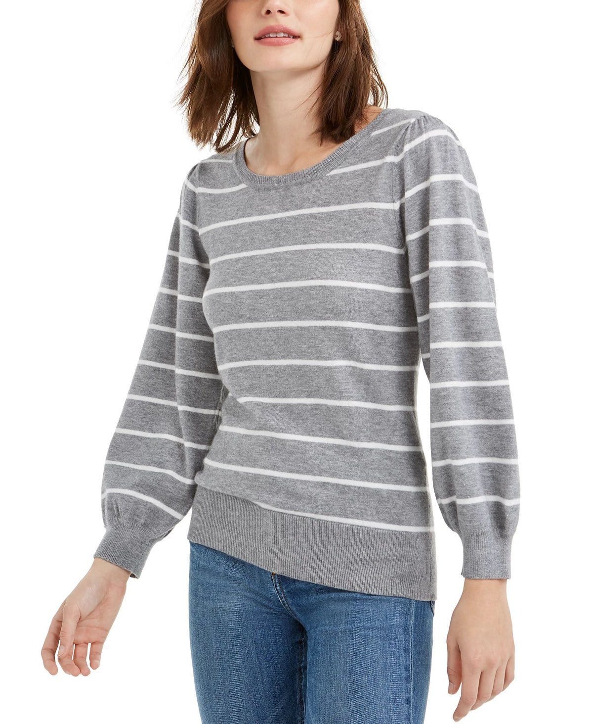 Maison Jules Women's Striped Puff Sleeve Sweater Grey Size X-Large