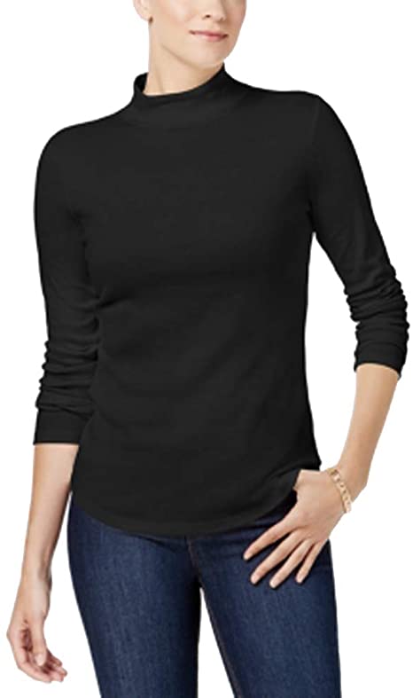 Charter Club Women's Cotton Mock-Neck Top Black Size Large