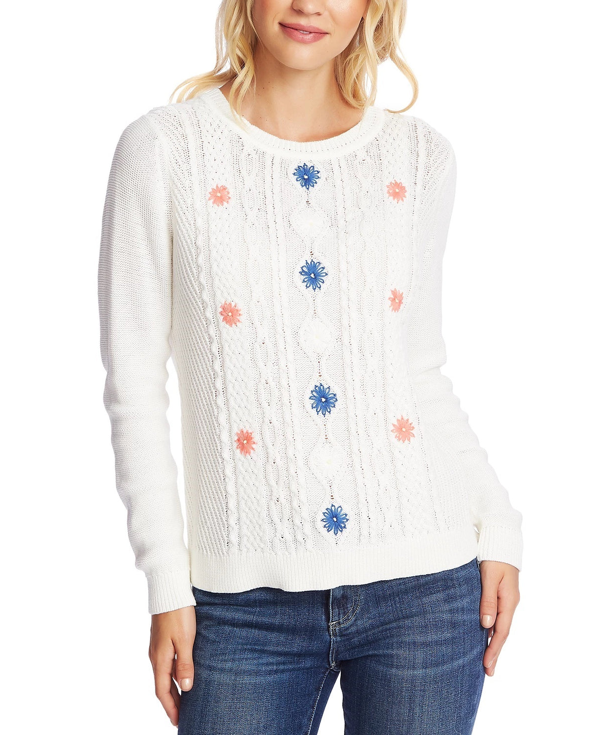 CeCe Women's Embroidered Cable Knit Sweater White Natural Size X-Large