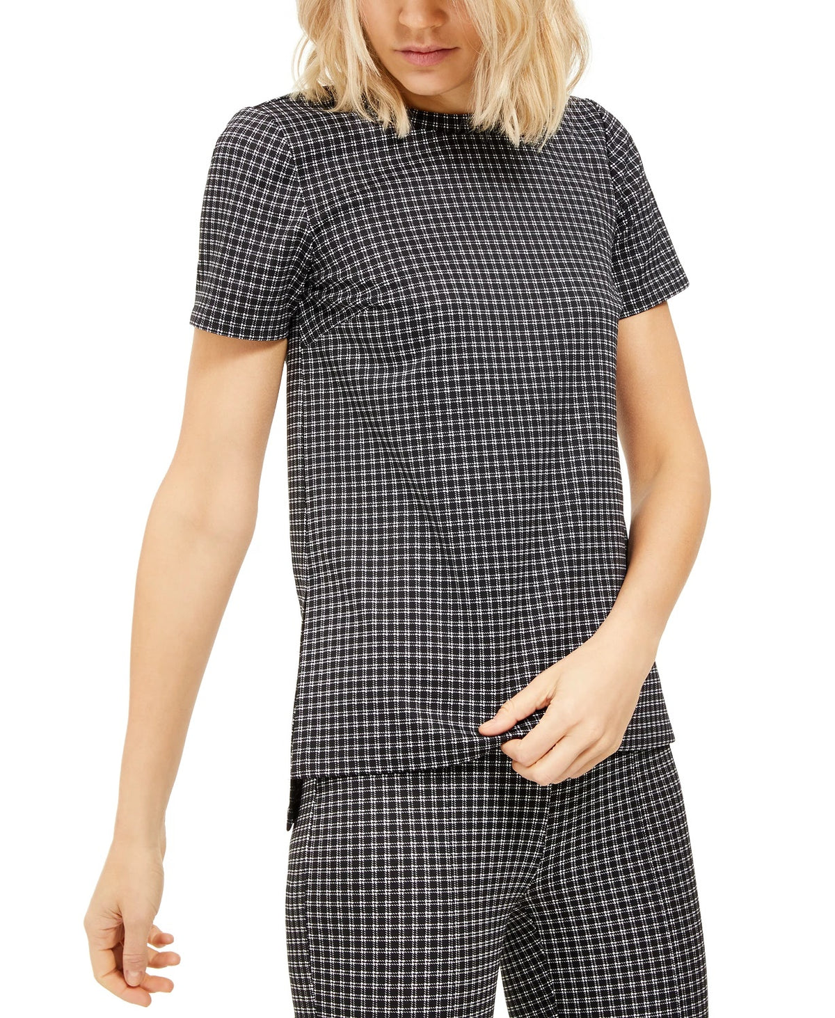 Michael Kors Women's Black Check Short Sleeve Crew Neck Top Silver Size Large