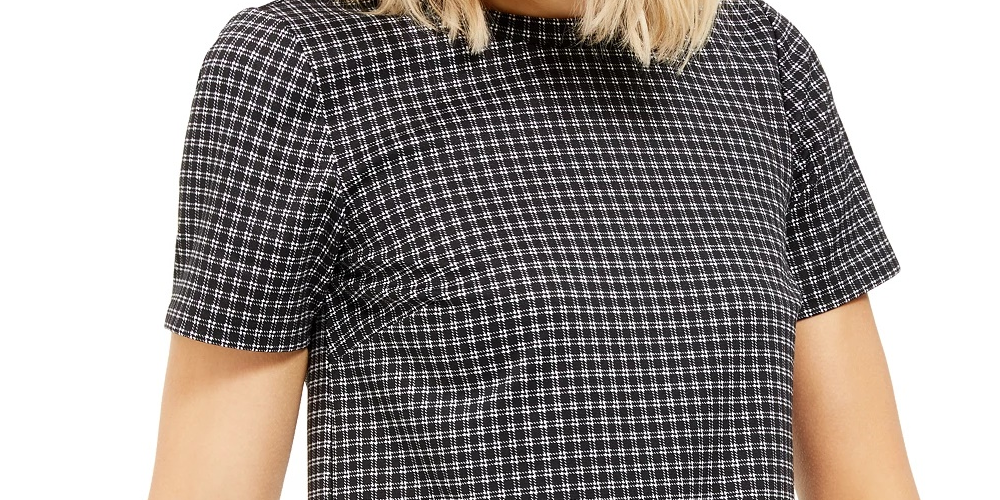 Michael Kors Women's Black Check Short Sleeve Crew Neck Top Silver Size Large