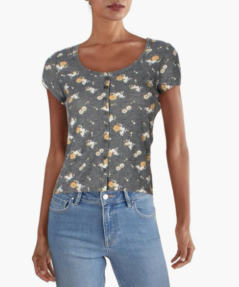 Crave Fame Junior's Button Front Waffle T-Shirt Grey Size Large