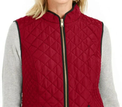 Charter Club Women's Zip Front Quilted Cotton Vest Red Size Petite Large