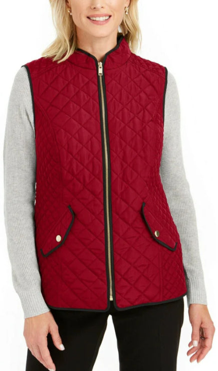 Charter Club Women's Zip Front Quilted Cotton Vest Red Size Petite Large
