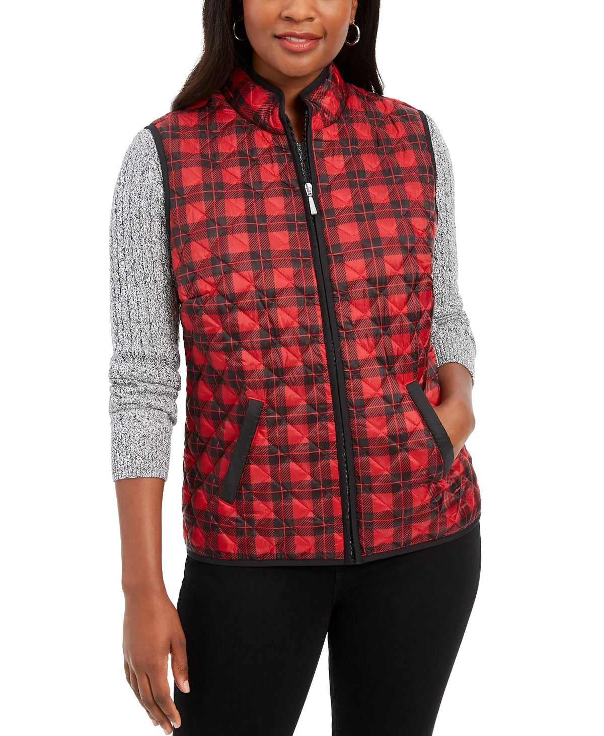 Karen Scott Women's Sport Plaid Puffer Vest  Bright Red Size X-Small
