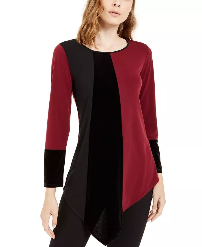 Alfani Women's Petite Asymmetrical-Hem Colorblocked Top Wine Size Petite
