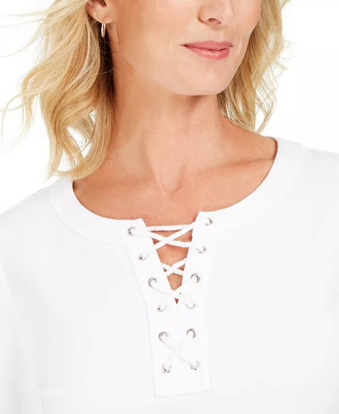 Karen Scott Women's Lace-Up French Terry Sweatshirt White Size X-Small
