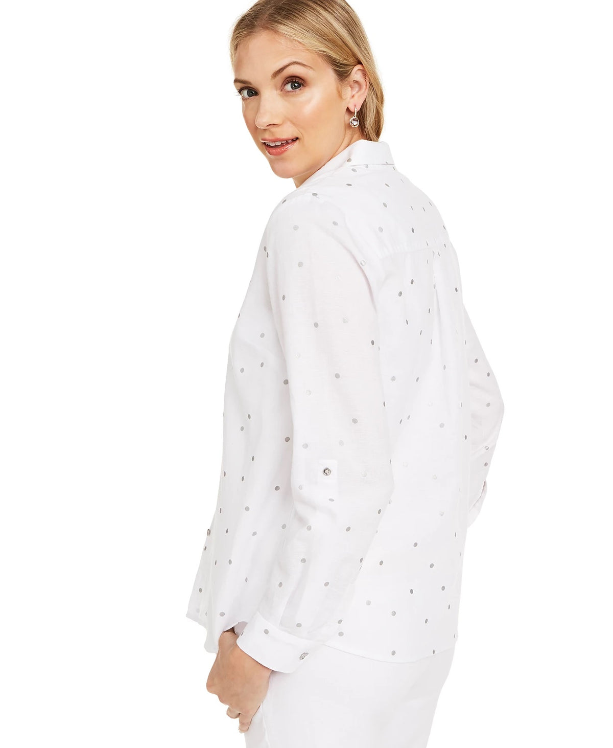 Charter Club Women's Foil-Dot Linen Top White Size Small