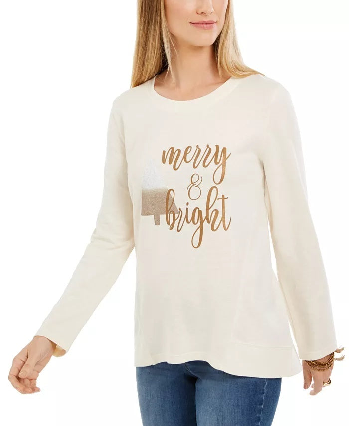 Style & Co Women's Metallic Graphic Sweatshirt Beige Size XX-Large