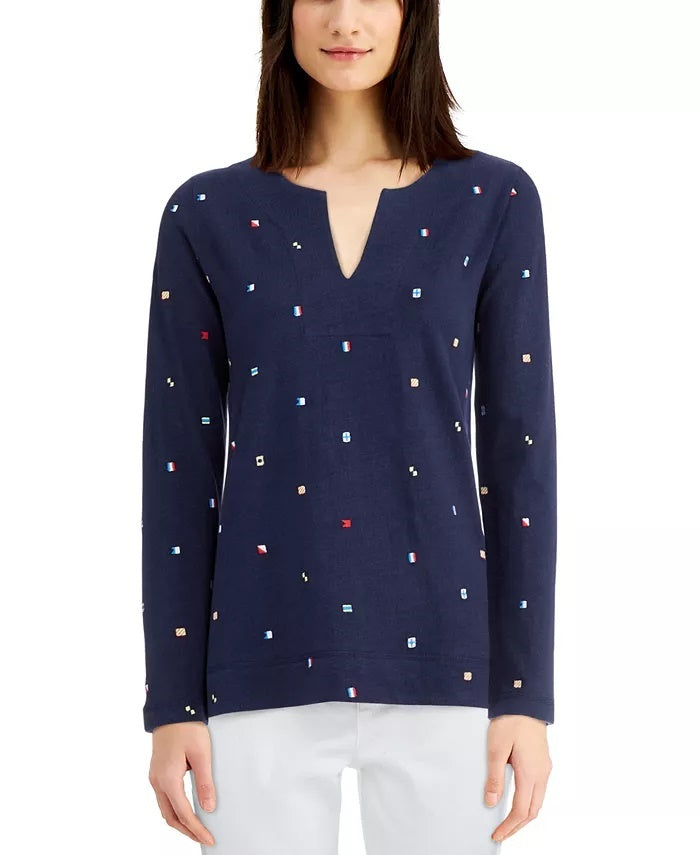 Charter Club Women's Cotton Embroidered Top Blue Size X-Small