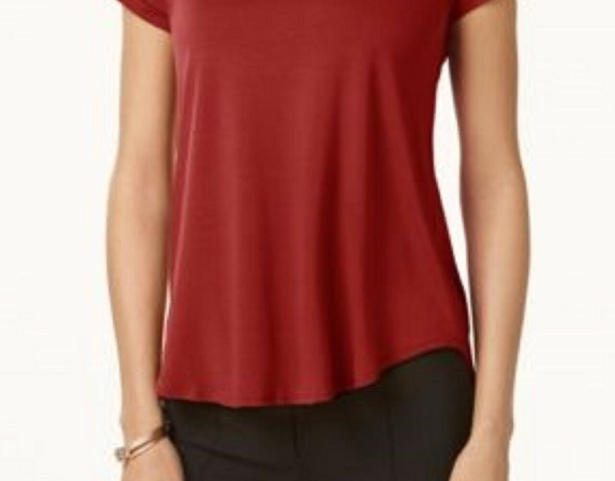 Alfani Women's Petite Satin-Trim High-Low T-Shirt Dark Red Size Medium