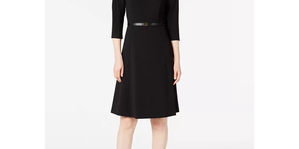 Calvin Klein Women's Belted Pleated Sleeve Dress Black Size 8