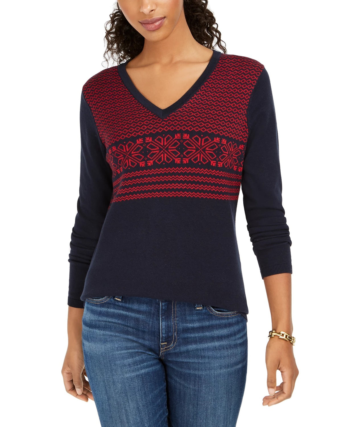 Tommy Hilfiger Women's Fair Isle Ivy Cotton Sweater Blue Size Medium