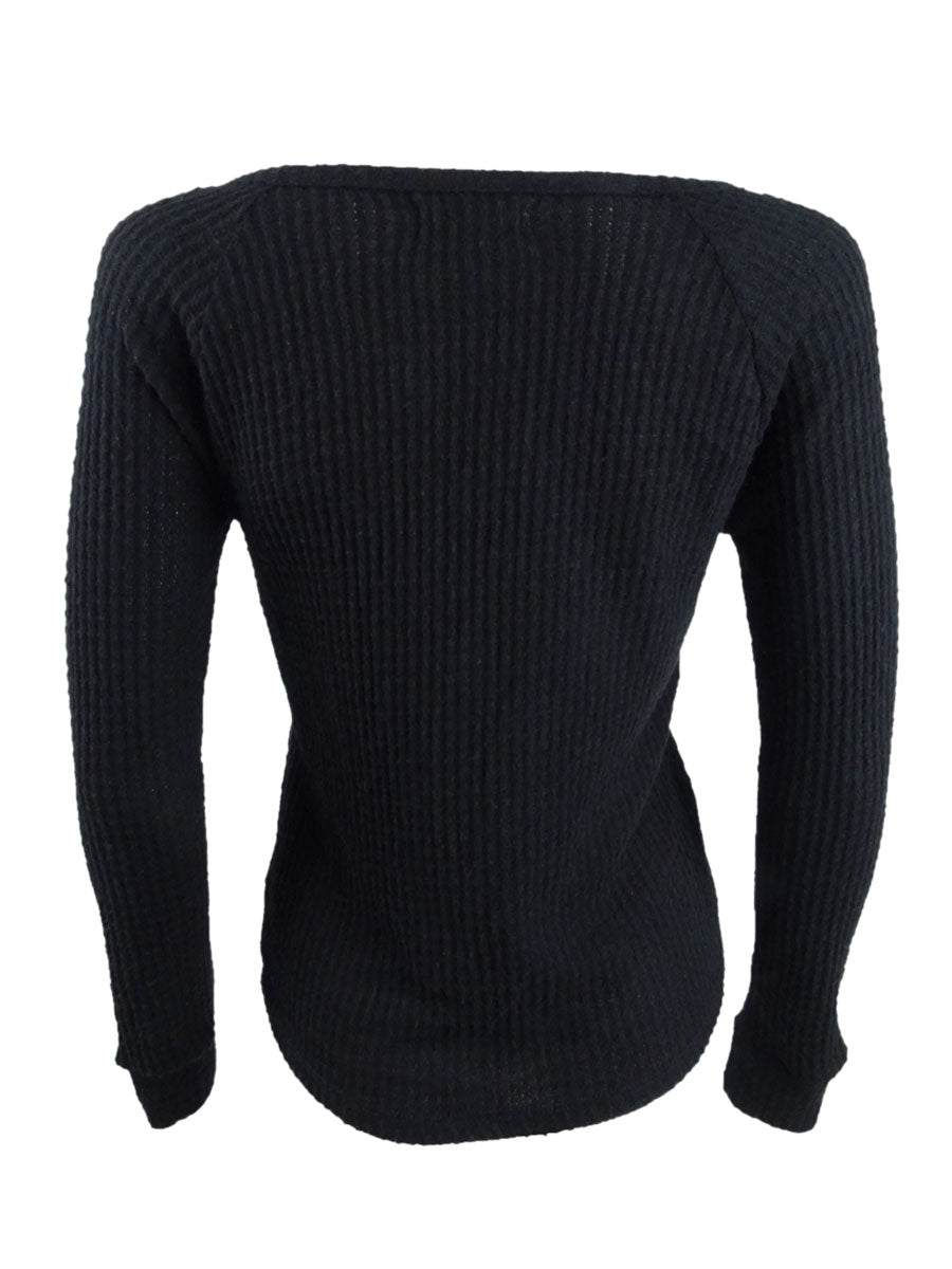 Ultra Flirt Juniors' Cozy Waffle-Knit Henley Top Black Size Medium